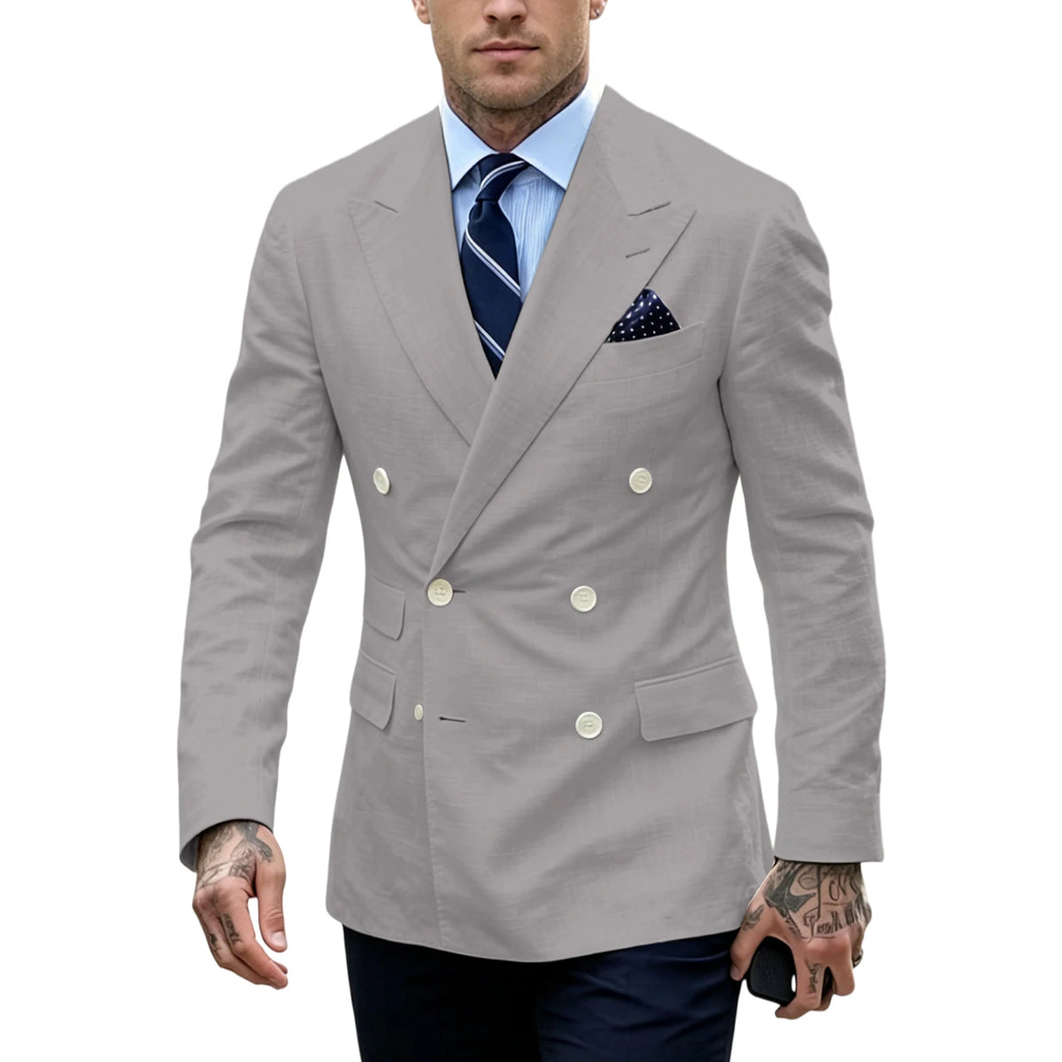 Men's Double Breasted Blazer Slim Fit Linen Suit Jacket Formal Business Casual Tuxedo for Wedding Prom Office Party Daily Wear