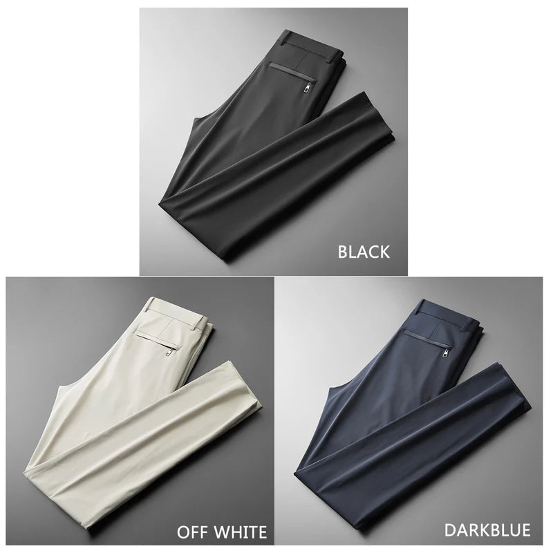 BROWON Brand Men Pants Summer New Business Fashion Straight Casual Pants Mid Light Elastic Loose Ice Silk Breathable Thin Pants