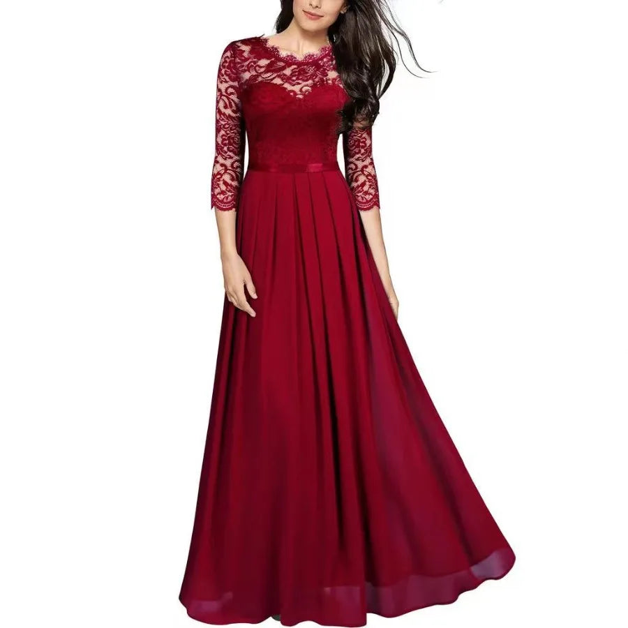 【New style】2026  evening dress European  stitching chiffon dress round neck lace long dress evening dress women