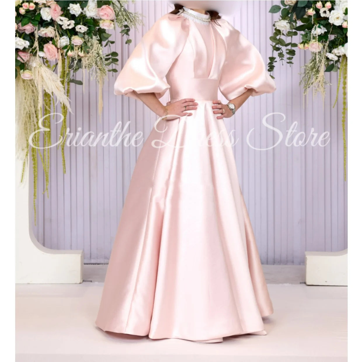 Pink Satin Bridesmaid DressSleeve Satin For Women Balloon Sleeve A-line Round Neck Birthday Party Evening Ball Gown Customized