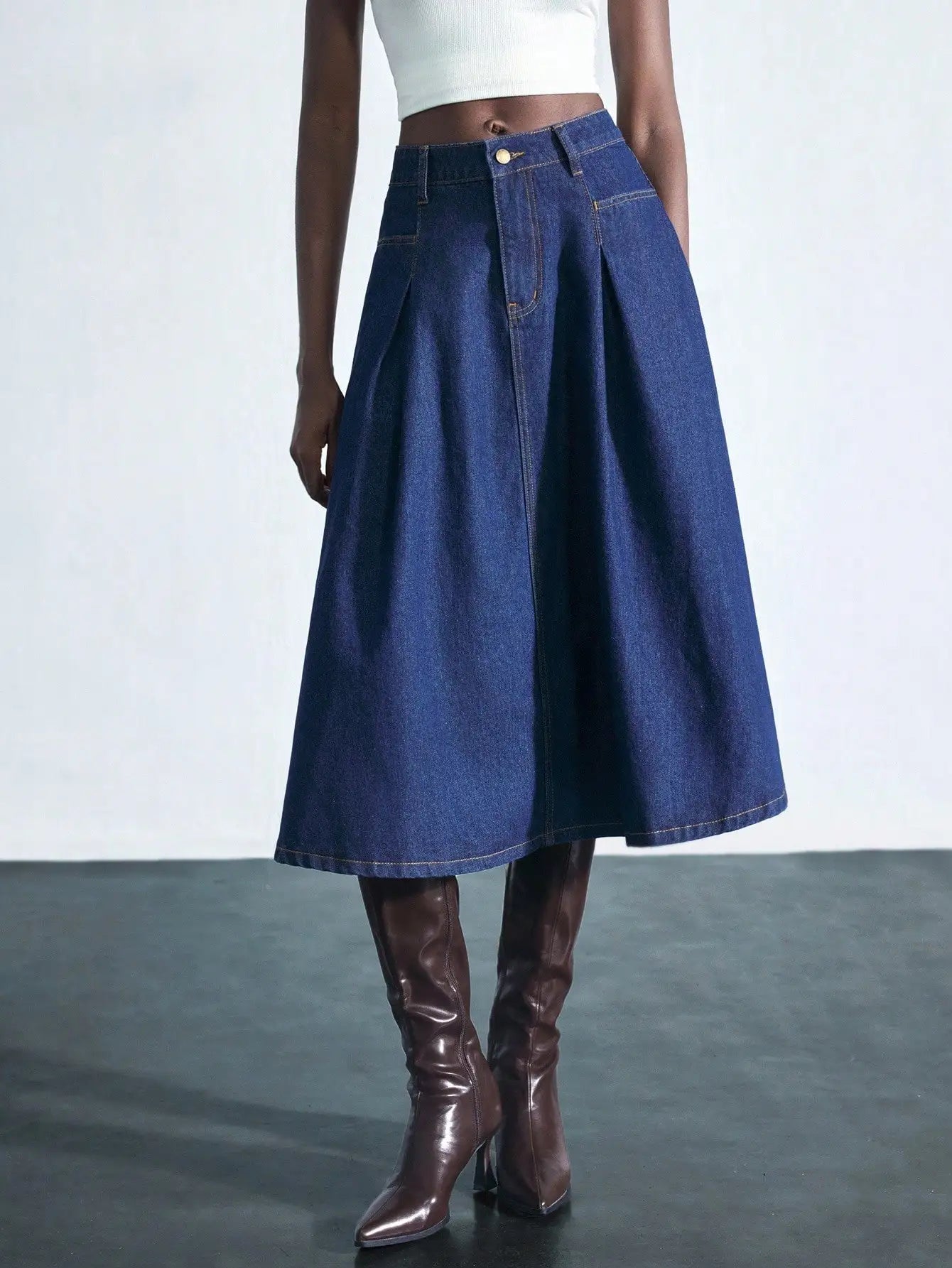 Women's Blue Denim A-Line Midi Skirt with Pocket, Low Waist, 90% Cotton