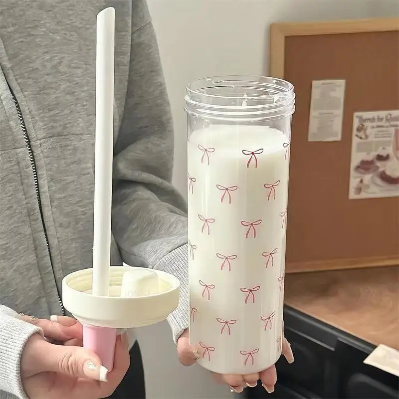 Portable Plastic Water Cup With Straw Bowknot Large Capacity