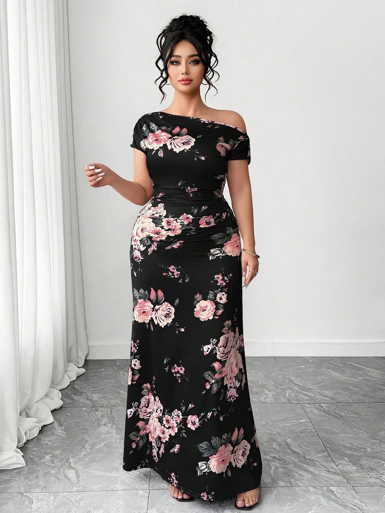 Off Shoulder Floral Print Short Sleeve Floor Length A-Line Dress For Women