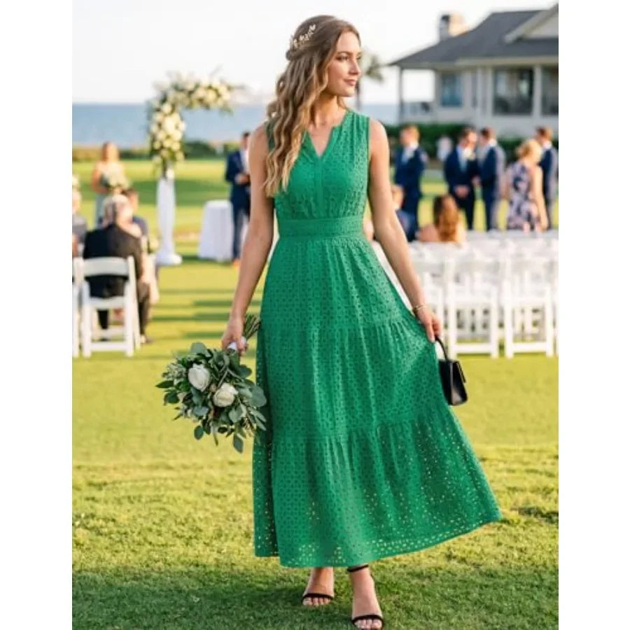ZESICA Women's 2026 Summer Sleeveless Maxi Dress Casual V Neck Hollow Out Eyelet A Line Flowy Party Long Dresses