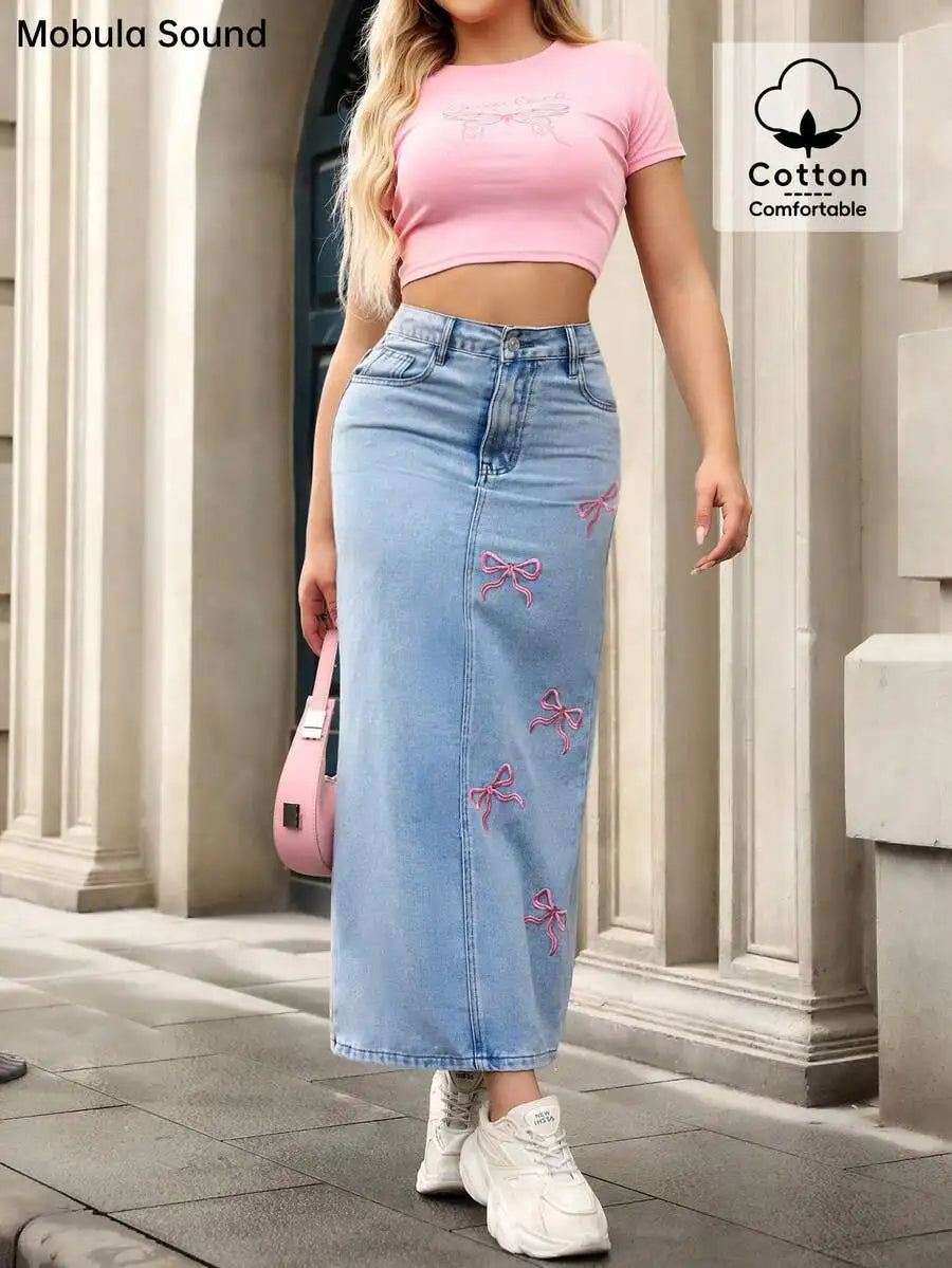 Cute Pink Bow Embroidered Bodycon Denim Midi Skirt for Women