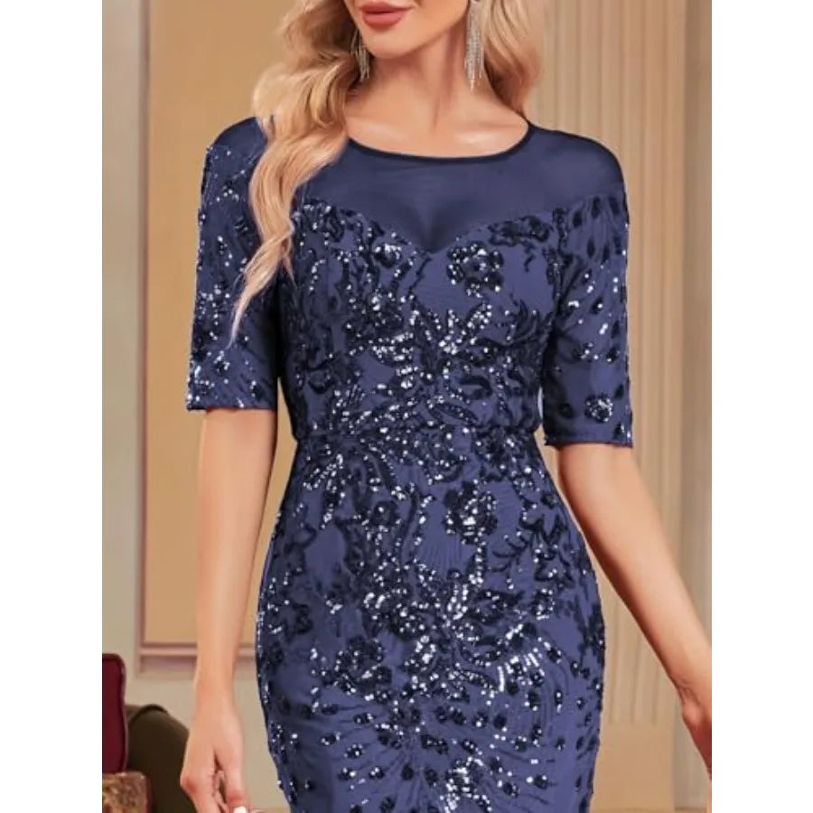 Short Sleeve Glitter Mermaid Evening Dress for Mother of The Bride Patchwork Women's Sequin Formal Gown
