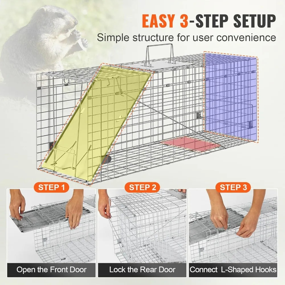 31x10x12 Inch Humane Live Animal Cage Trap for Cats Rabbits Squirrels Raccoons Groundhogs Opossums - Folding with Handle