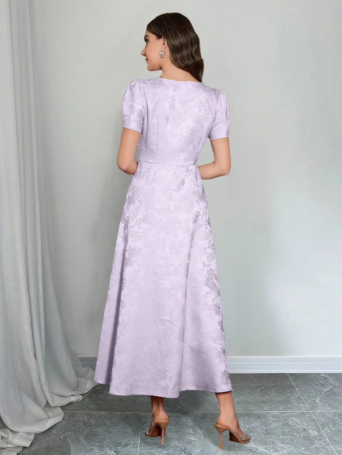 Elegant Round Neck Puff Sleeve Jacquard Floral Dress