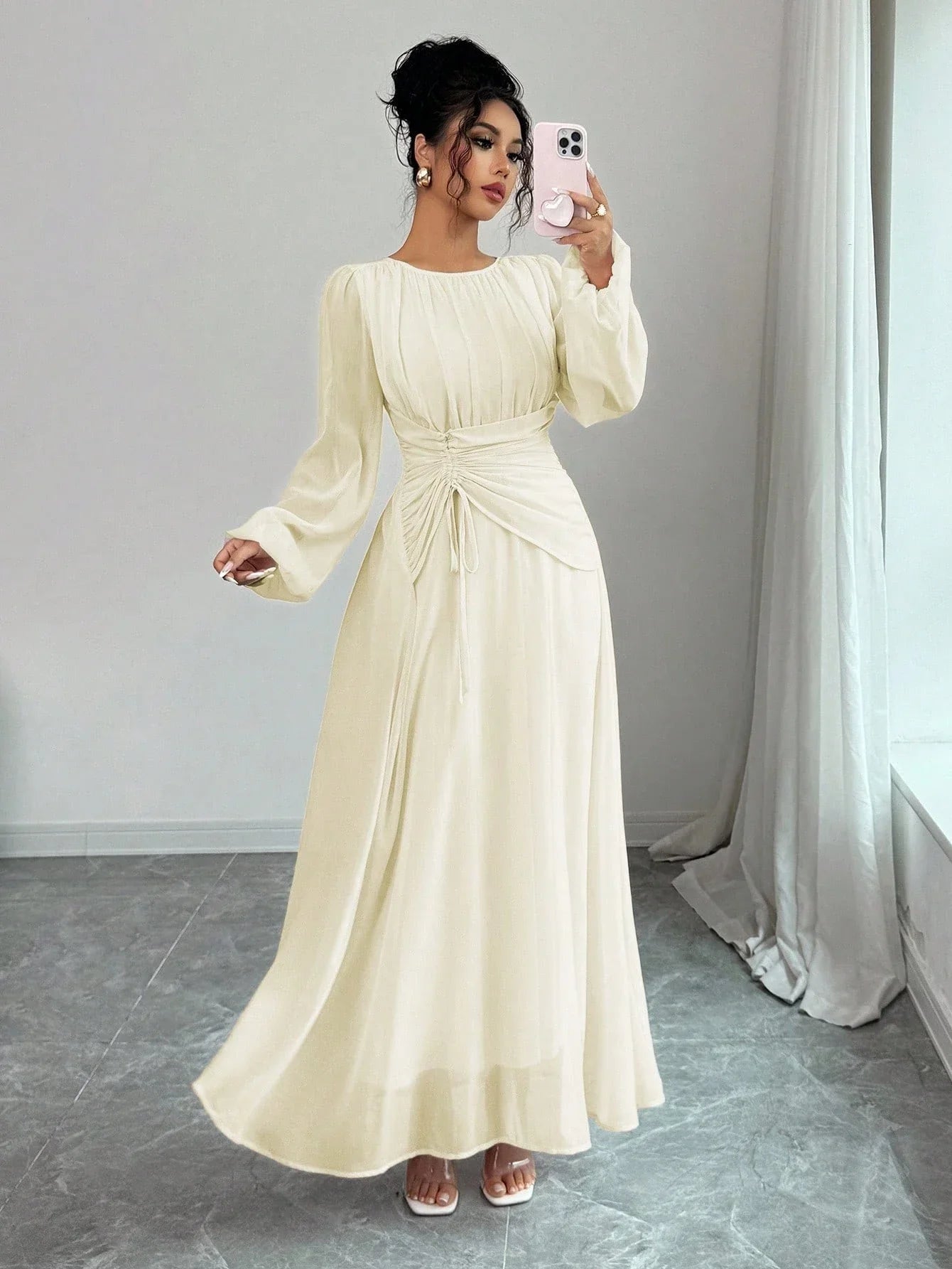 Women's Spring Summer Romantic Elegant Ruched Waist A-Line Long Sleeve Maxi Dress