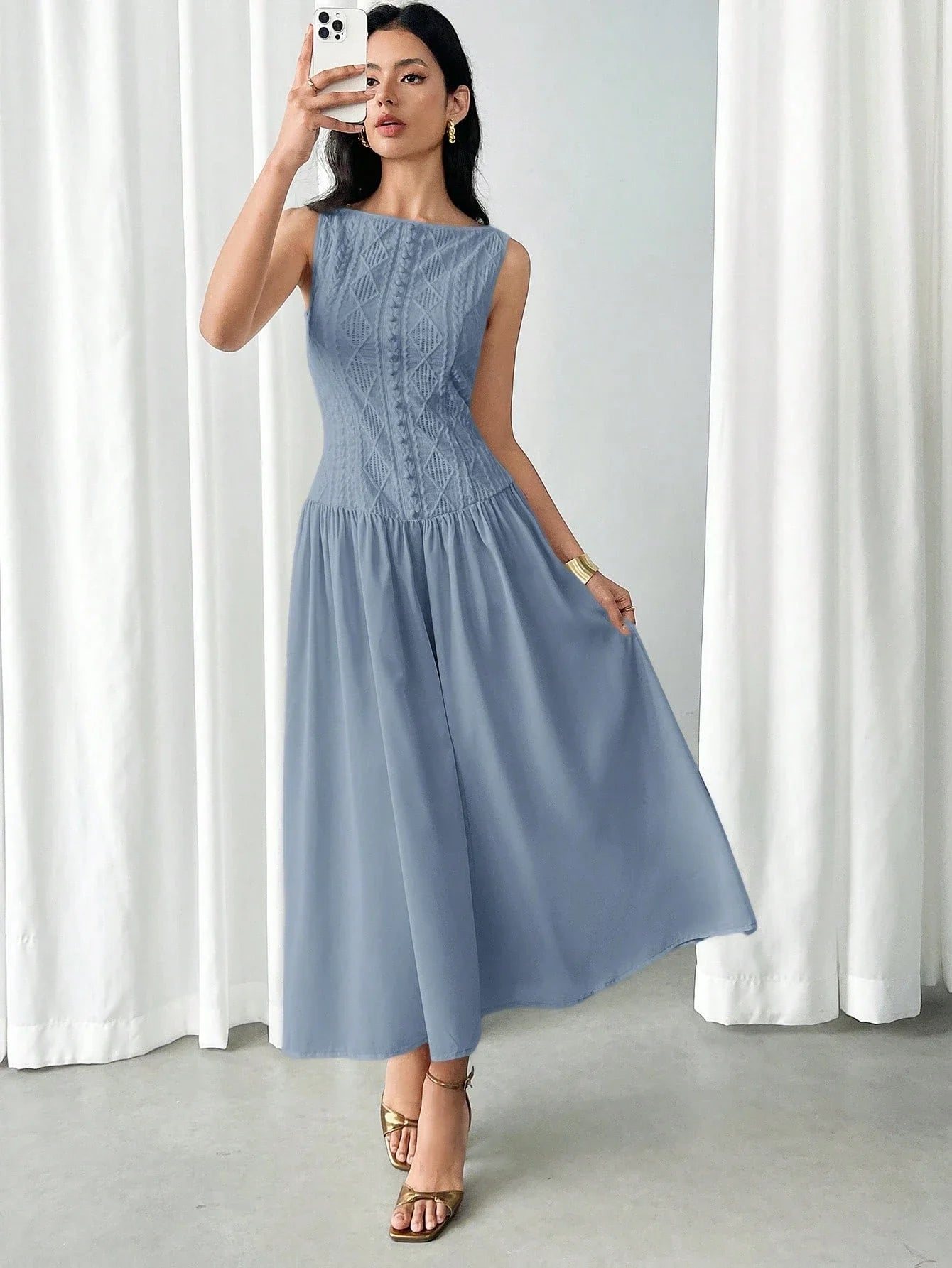 Women's Summer Elegant Solid Color Textured Sleeveless Midi Dress