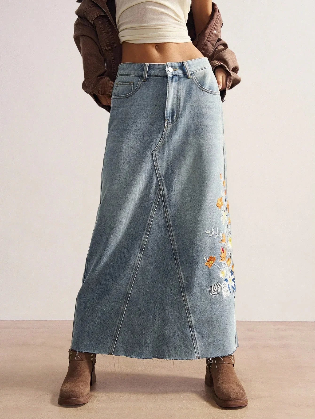 Women's A-Line Denim Maxi Skirt with Floral Embroidery and Frayed Hem