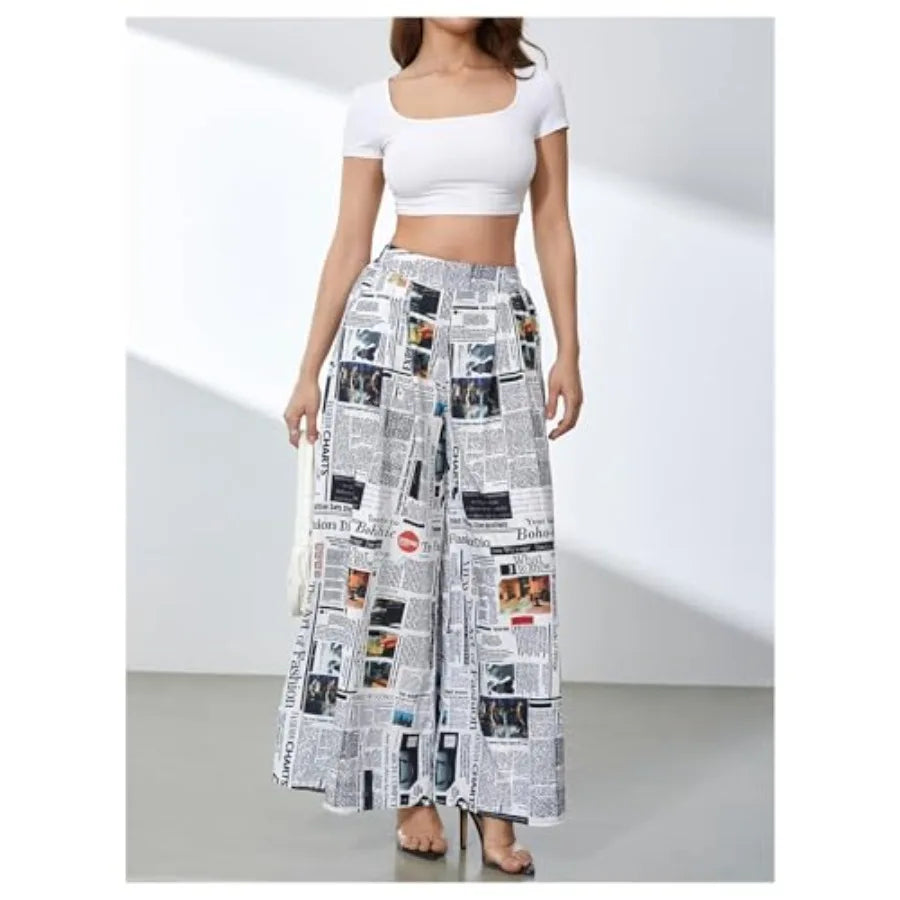 WDIRARA Women's Newspaper Print Wide Leg Pants Elastic Waist Loose Funky Letter Print Palazzo Pants