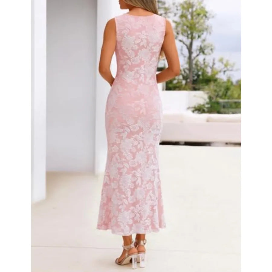 MEROKEETY Women's Summer Wedding Guest Maxi Dress 2026 Sleeveless Floral Bodycon Mesh Cocktail Formal Party Long Dresses