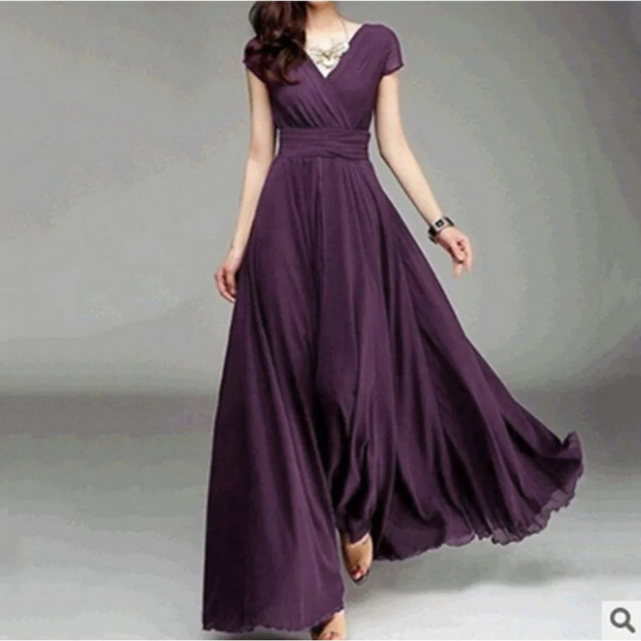 【New style】- access  Europe and America V-neck short-sleeved Bohemian chiffon waist dress