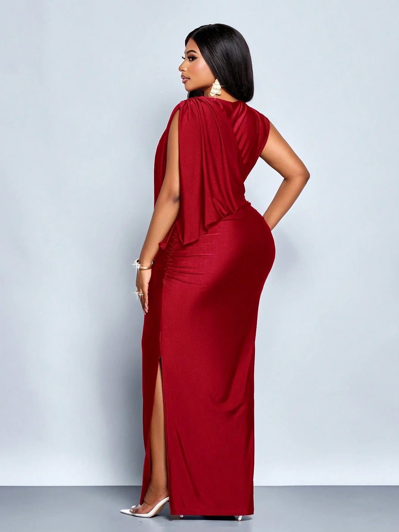 Elegant Red Sleeveless Asymmetrical Draped Maxi Dress With Side Slit For Party Evening Prom