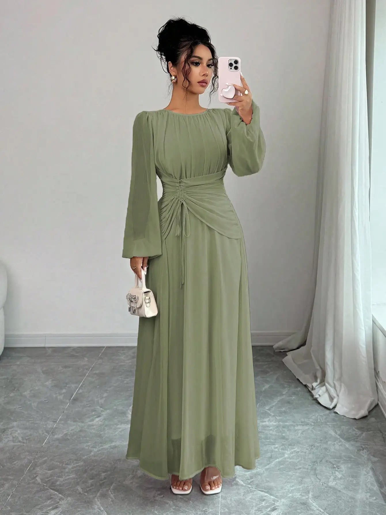 Women's Spring Summer Romantic Elegant Ruched Waist A-Line Long Sleeve Maxi Dress