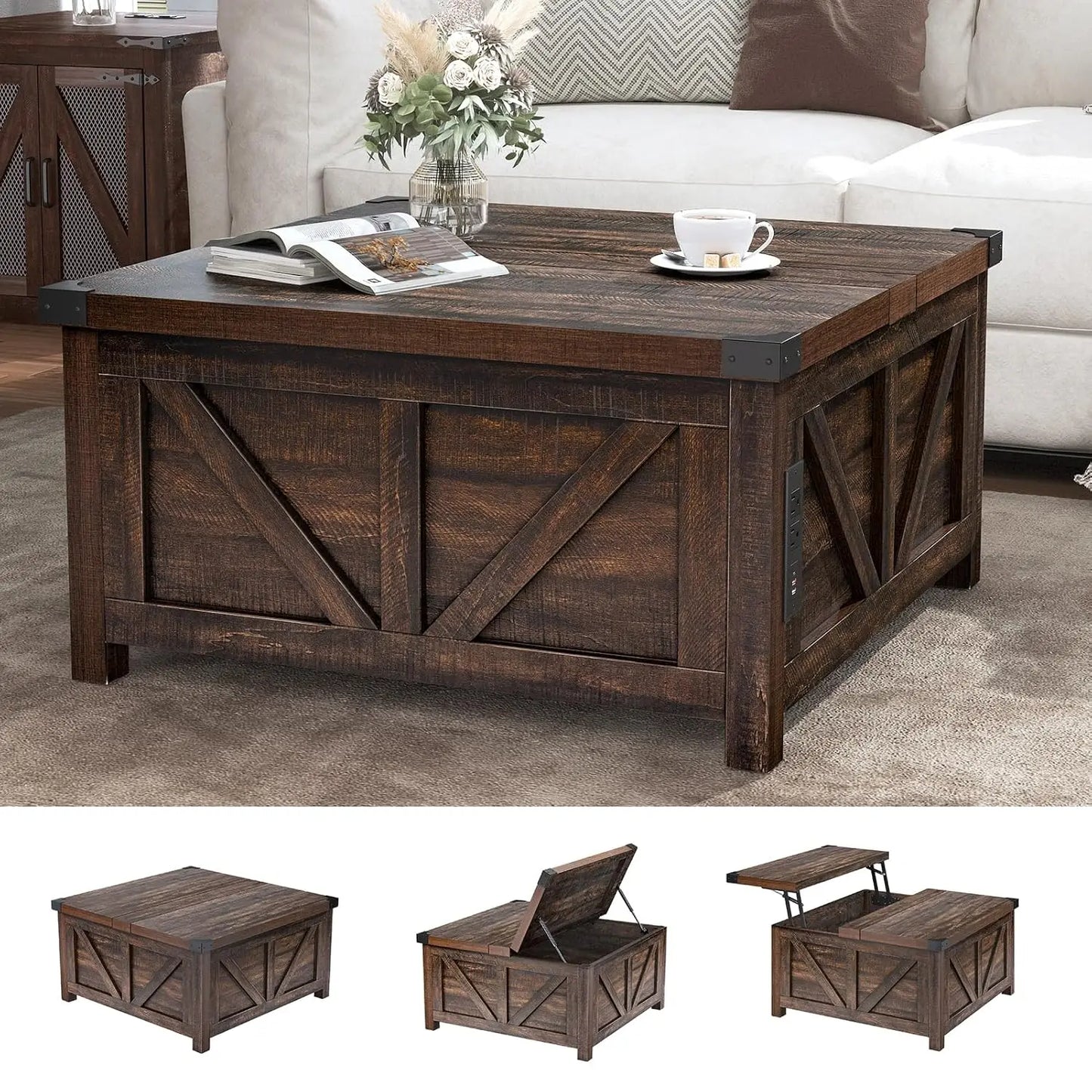 Farmhouse Lift Top Coffee Table with Storage, Wood Square Center Table with Charging Station&USB Port, Living Room, Customized