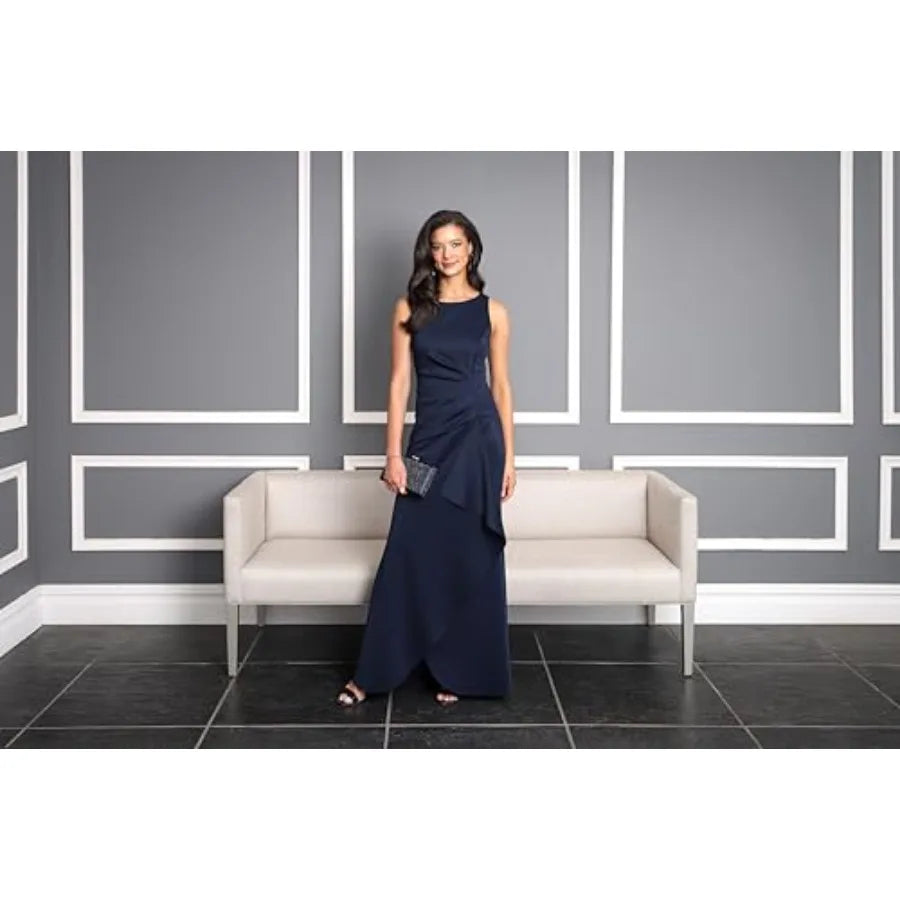 Women's Sleeveless Stretch Scuba Crepe Mother of the Bride Dress with Tucked Waist and Cascade Detail Skirt