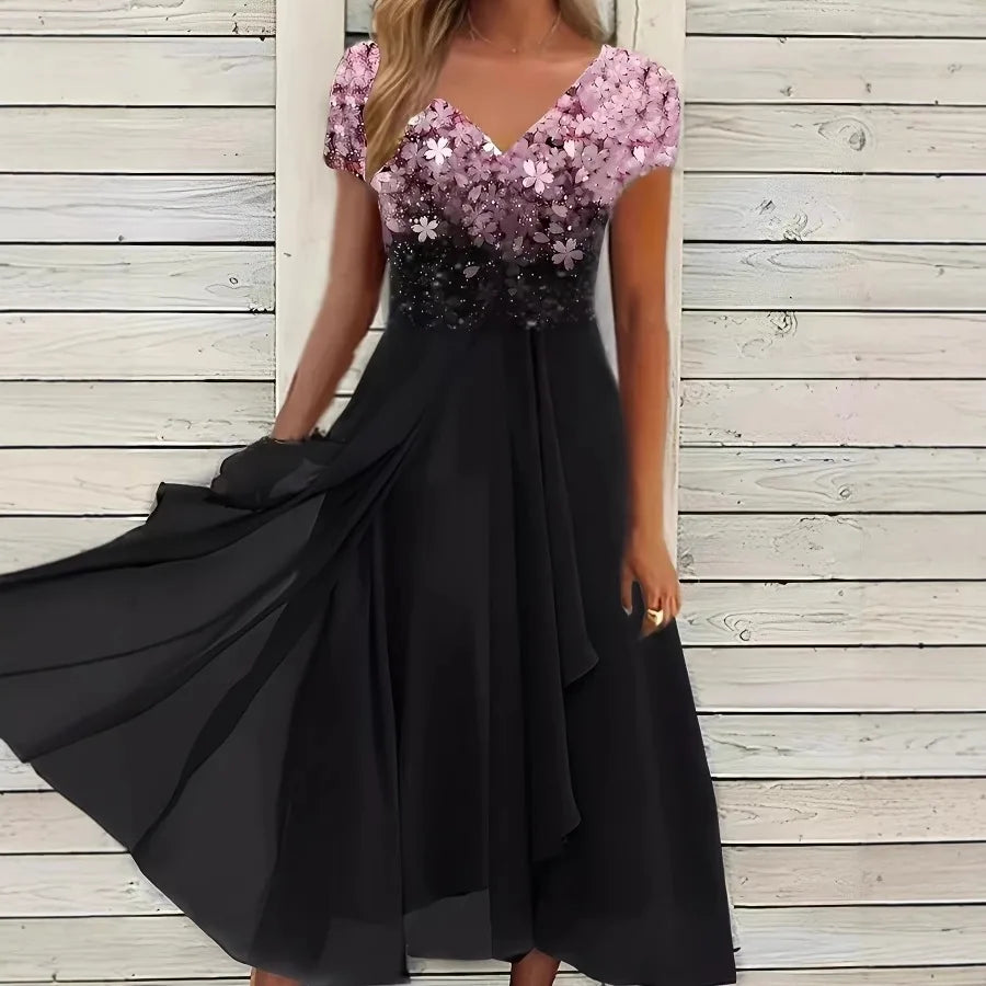 【New style】European and American   women's clothing summer dress sexy print shiny stitching big swing v-neck evening gift A-lin