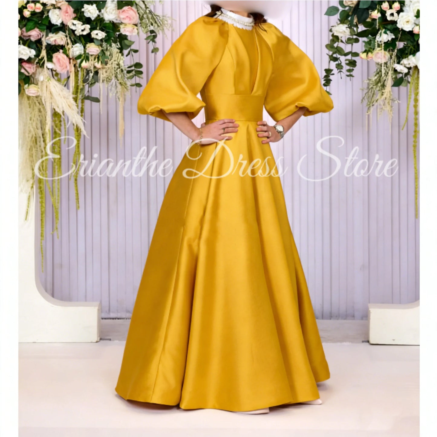 Pink Satin Bridesmaid DressSleeve Satin For Women Balloon Sleeve A-line Round Neck Birthday Party Evening Ball Gown Customized