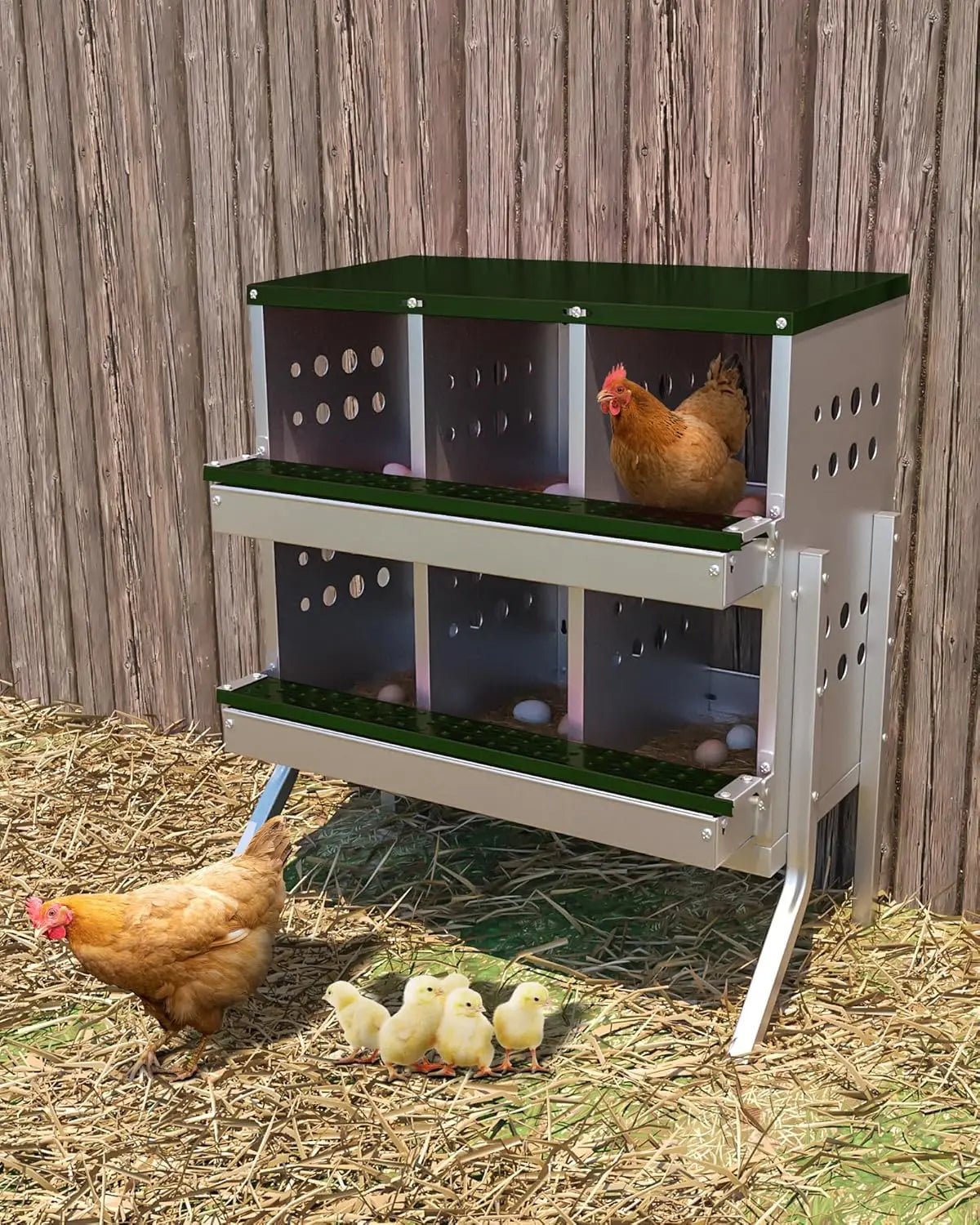 Metal Chicken Coop Nesting Box Multi-compartment Rustproof Ventilated Chicken Laying Boxes with Roll Out Egg Collection for Hens