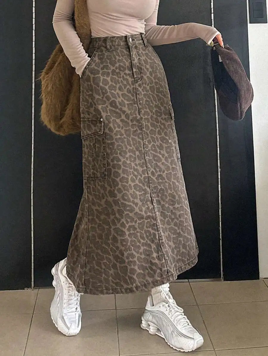 Women's Distressed Cargo Pocket Denim Maxi Skirt, Loose Fit, Fall Winter
