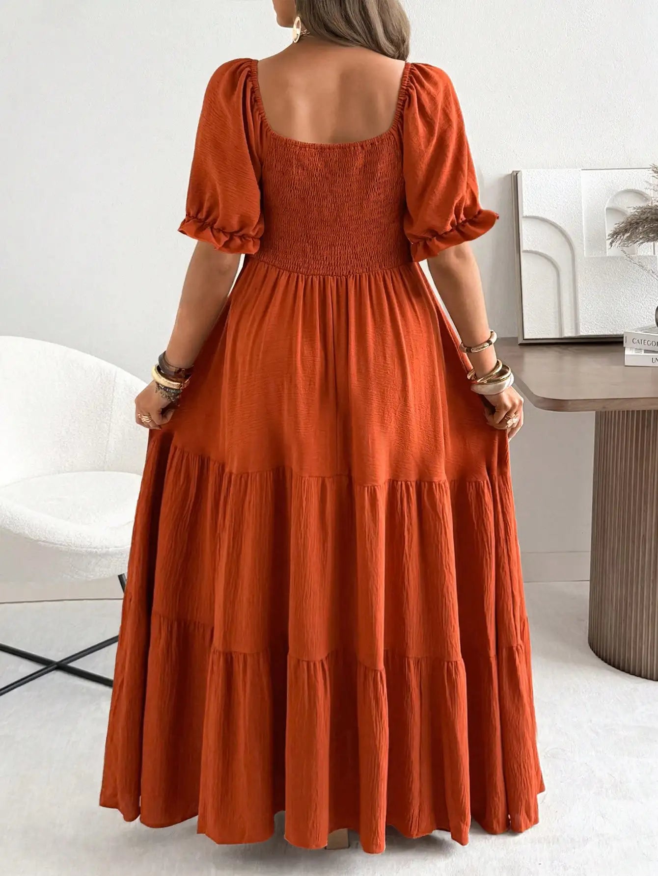 Elegant Square Neck Puff Sleeve Tiered Floral Maxi Dress