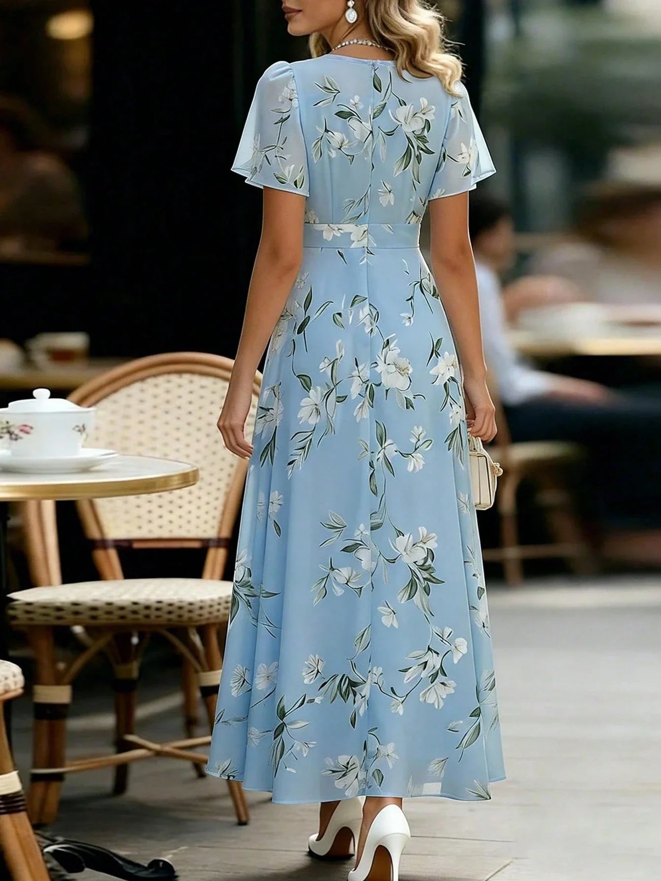 Elegant Blue Chiffon Floral Print Ruffle Sleeve A-Line Dress For Women