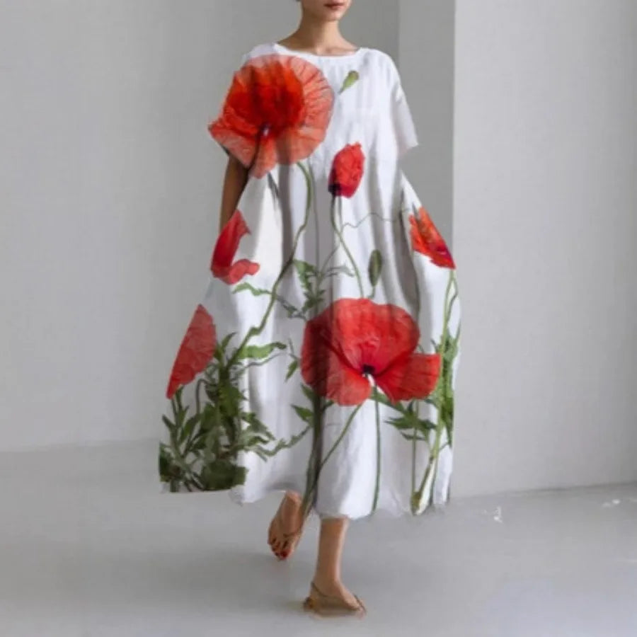 【New style】 - summer new European and American women's clothing loose round neck fashionable high-end short-sleeved printed dre