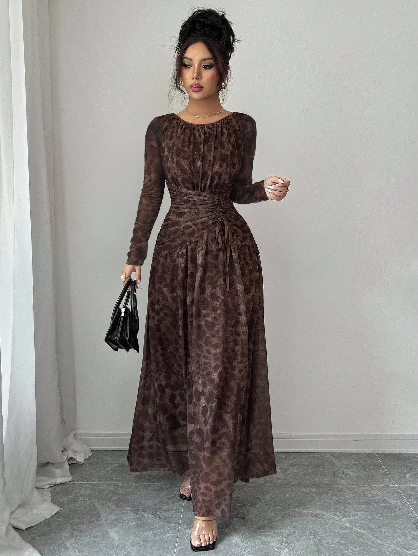 Elegant Floral Print Long Sleeve Maxi Dress With Drawstring Waist