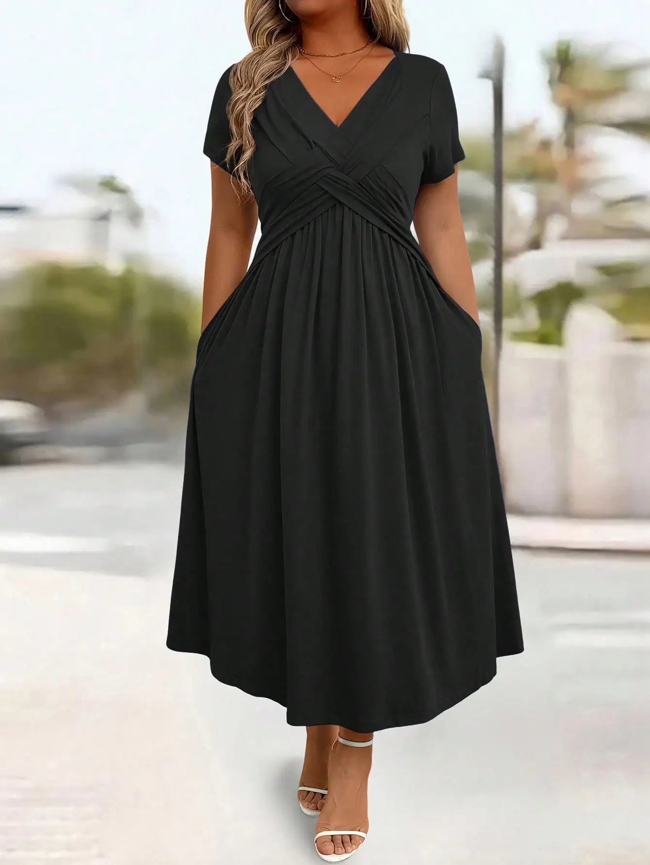 Casual Solid Color Twist Front A-Line Midi Dress For Women