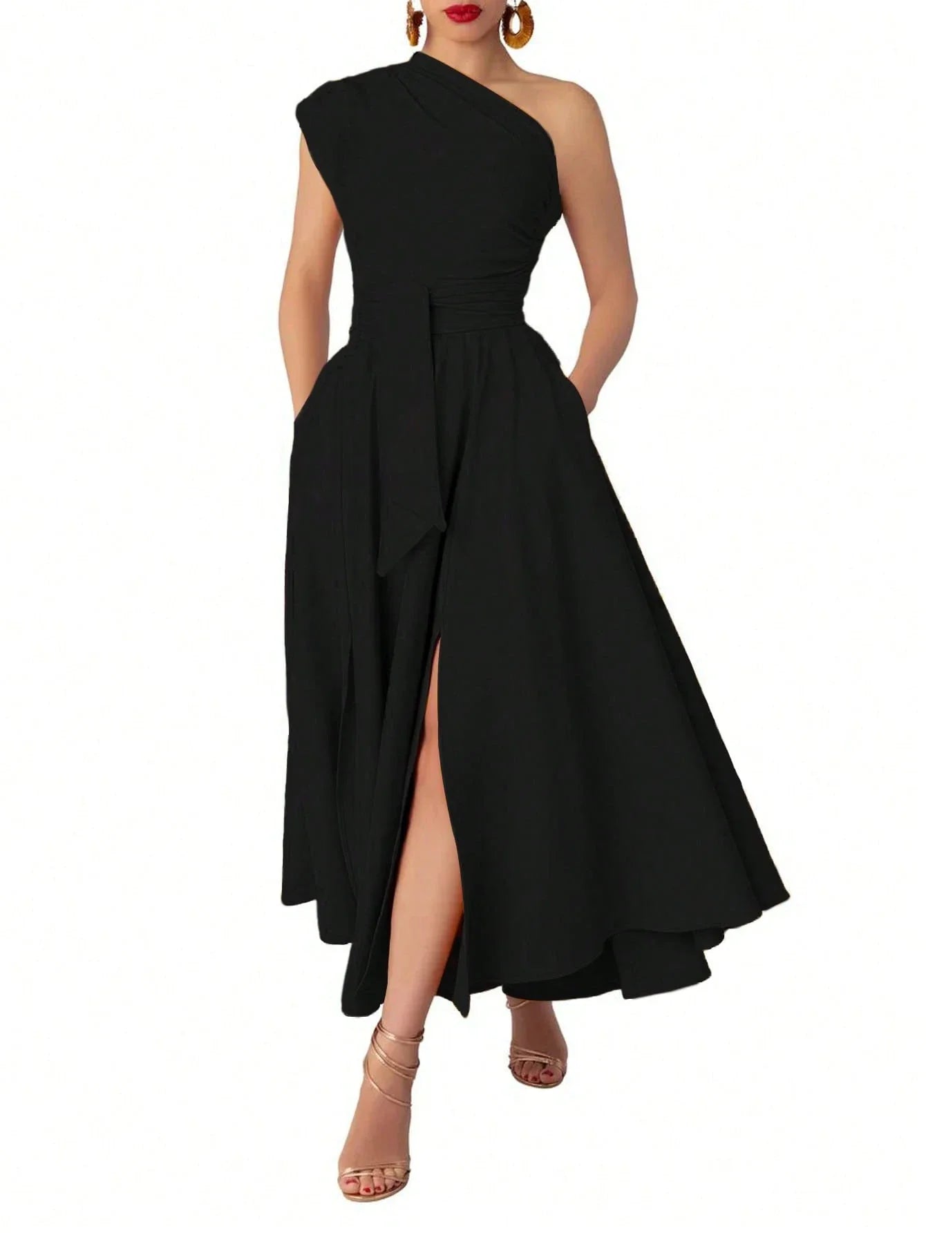 One Shoulder Black Solid A-Line Maxi Dress With Sash Belt