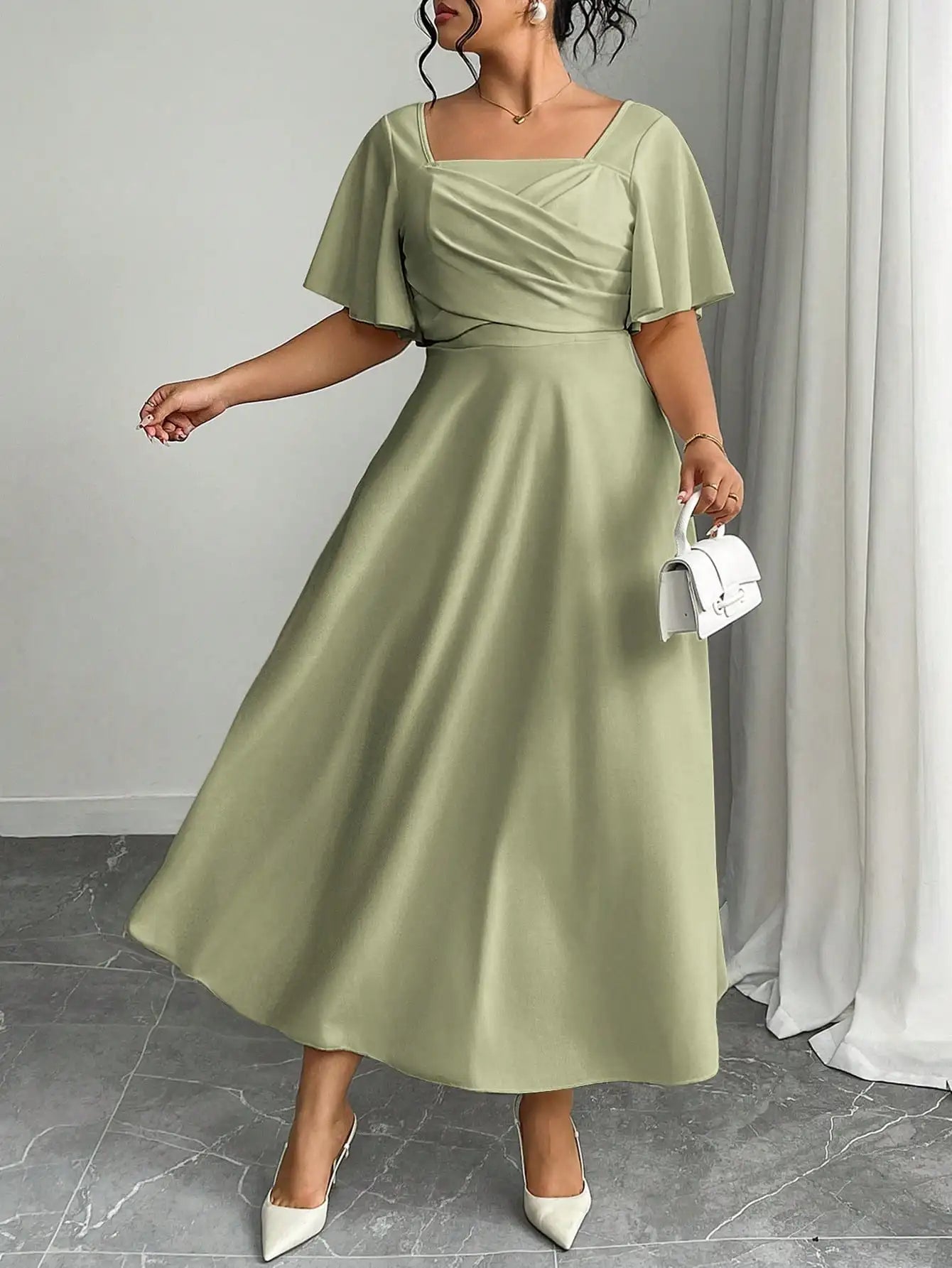 Elegant Plus Size Square Neck Draped Waist A-Line Midi Dress