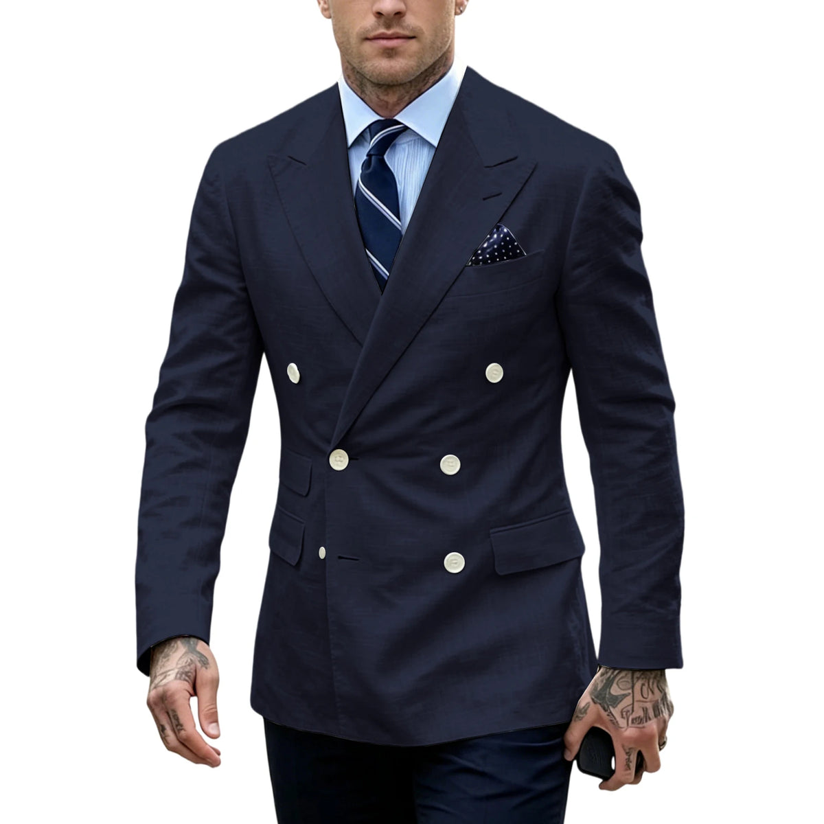 Men's Double Breasted Blazer Slim Fit Linen Suit Jacket Formal Business Casual Tuxedo for Wedding Prom Office Party Daily Wear