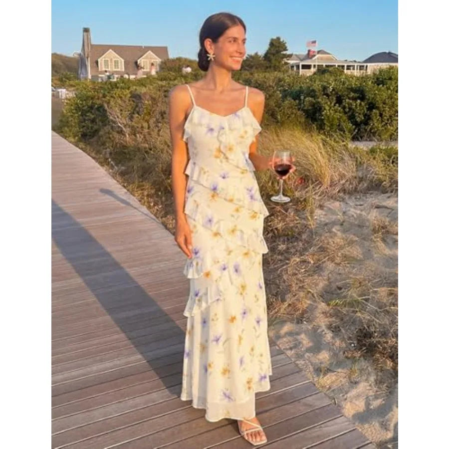 MEROKEETY Summer Floral Wedding Guest Maxi Dress Women 2026 Vacation Formal Bodycon Spaghetti Strap Cocktail Party Long Dress
