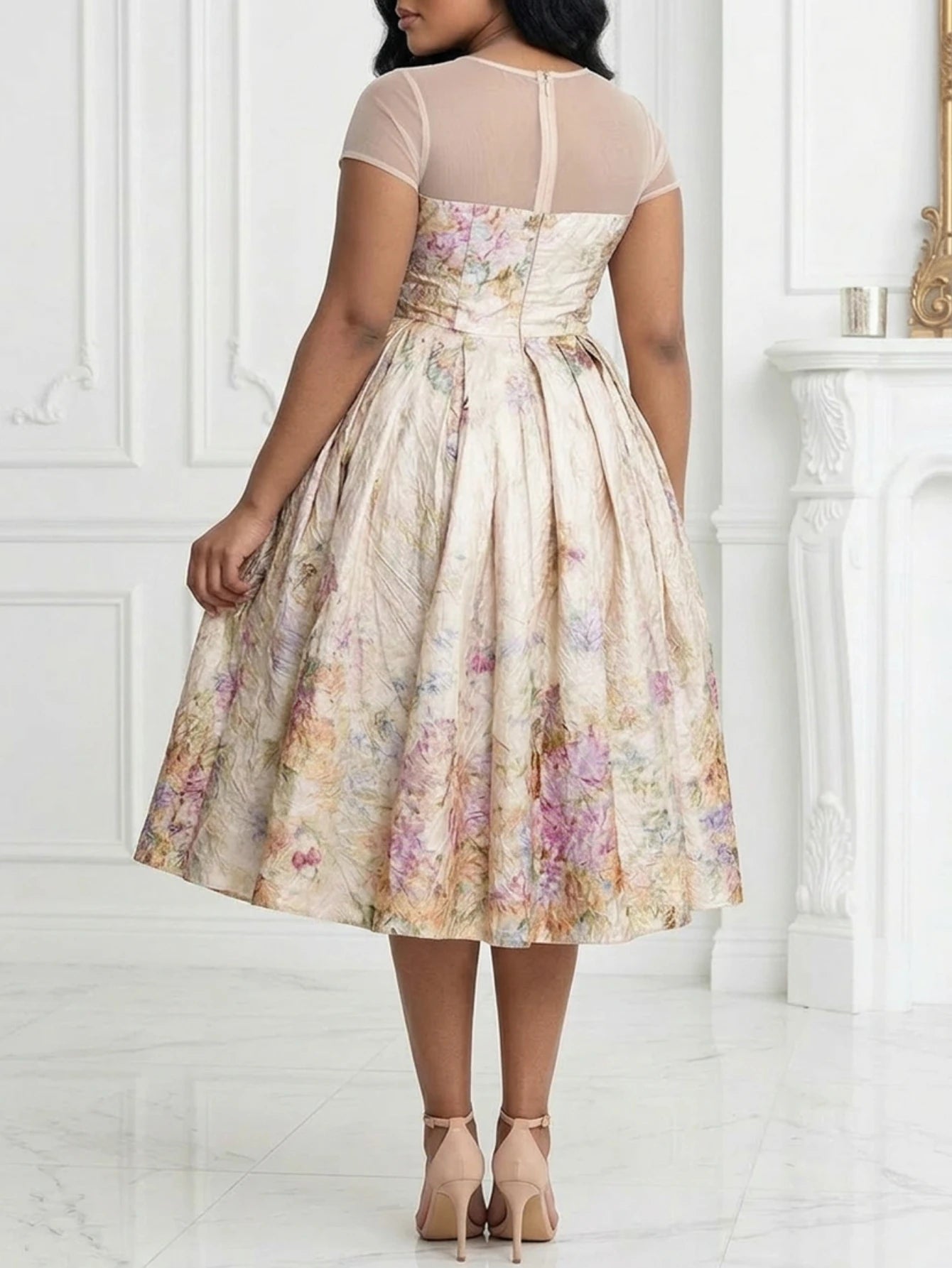 Women's Mock Neck Short Sleeve Printed Pleated Midi Dress For Daily Banquet Wedding Guest Gentle Fashion Occasions