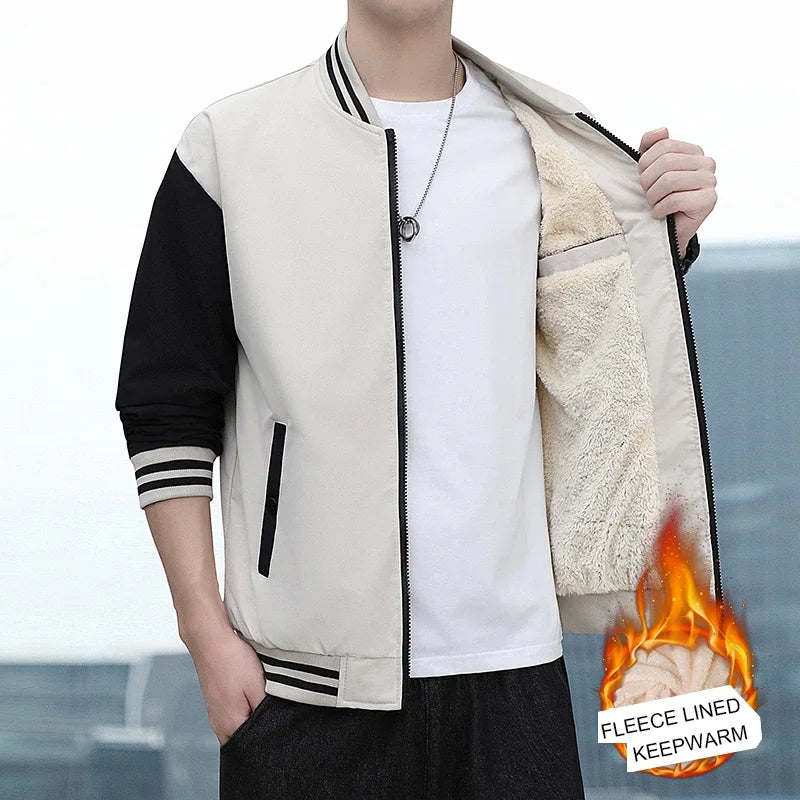 BROWON 2026 Autumn Winter Coats Men Jacket Fleece Lined Stand Collar Patchwork Baseball Jacket Men Casual Outwear Clothes Men