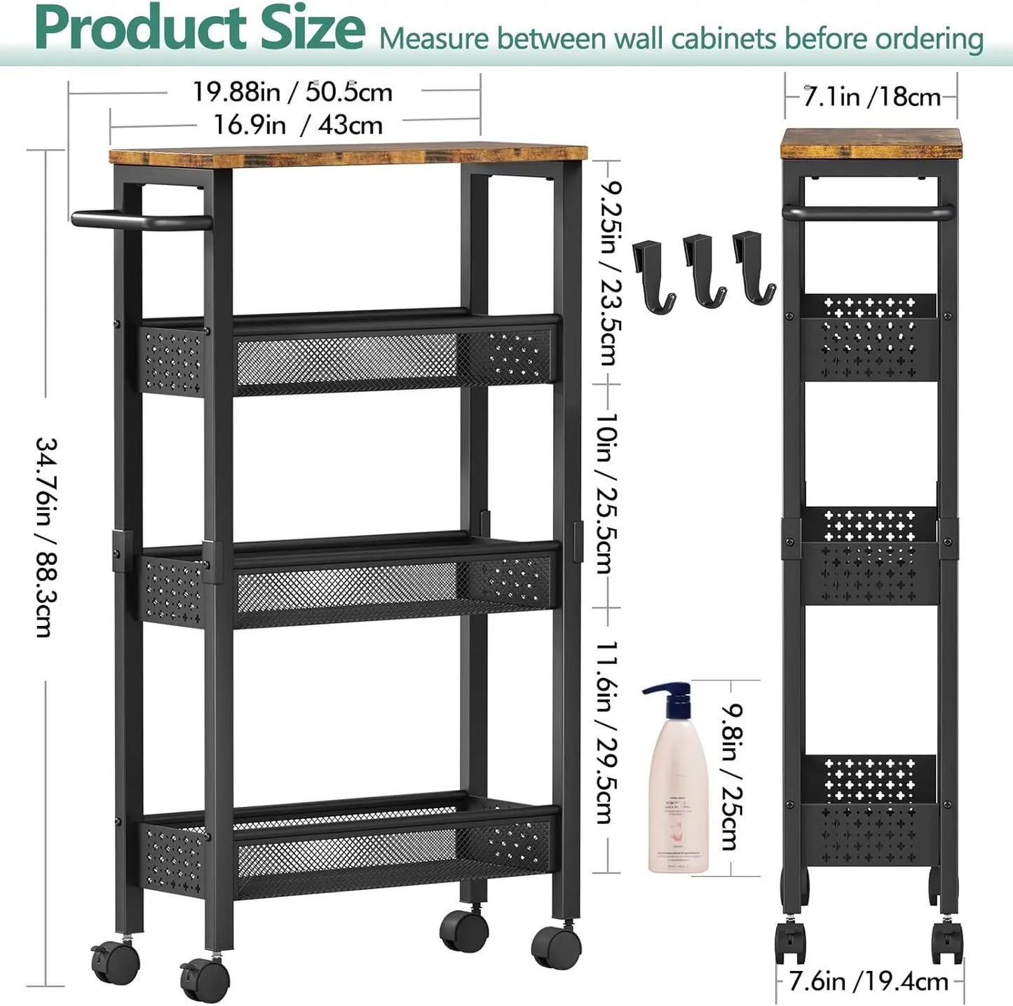 Slim Storage Cart With Wheels, 4 Tier Small Rolling Cart With Wood Top, Metal Kitchen Bathroom Laundry Room Organization