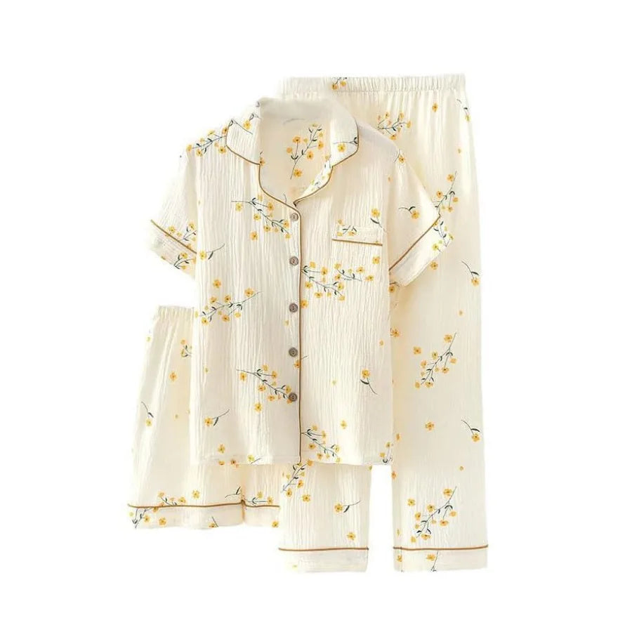 codcm Womens 3pcs Cotton Pajamas Set Short Sleeve Sleepwear Fruit Print Cute Pj Set with Long Pants