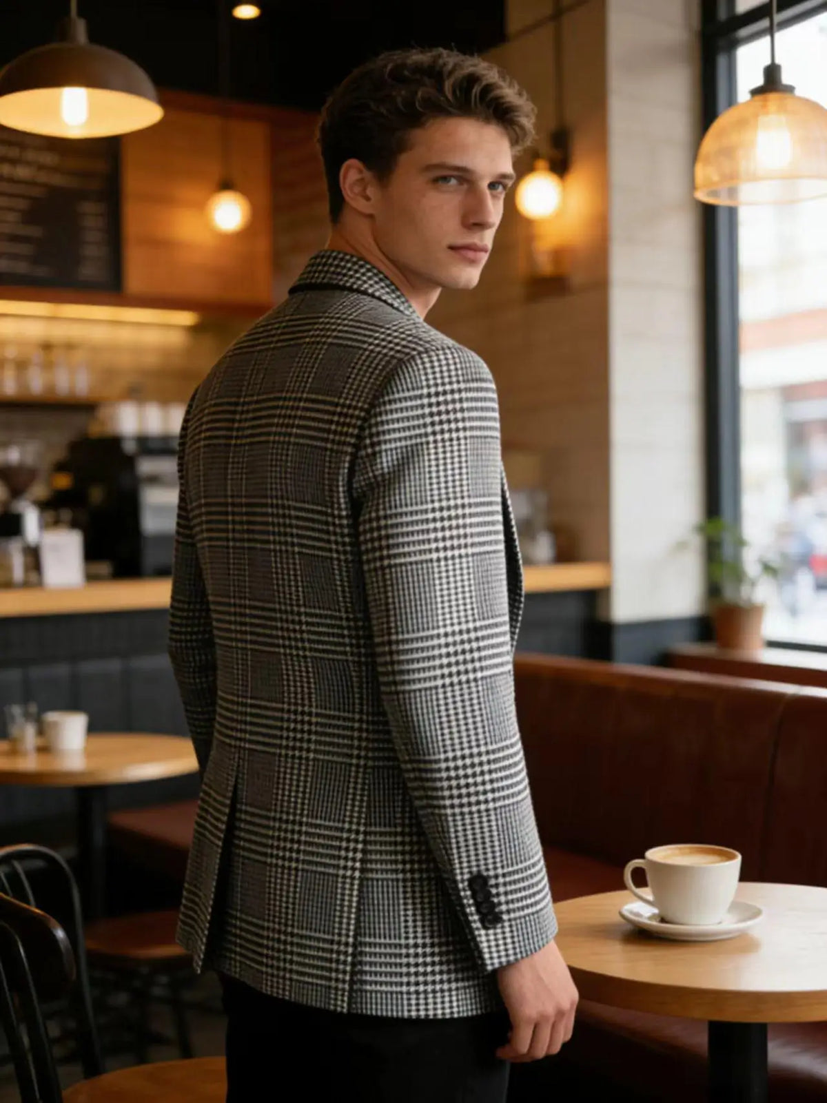 Mens Houndstooth Plaid Blazer Slim Fit Wool Blend Sport Coat Casual Two Button Notch Lapel Jacket Business Formal Tuxedo