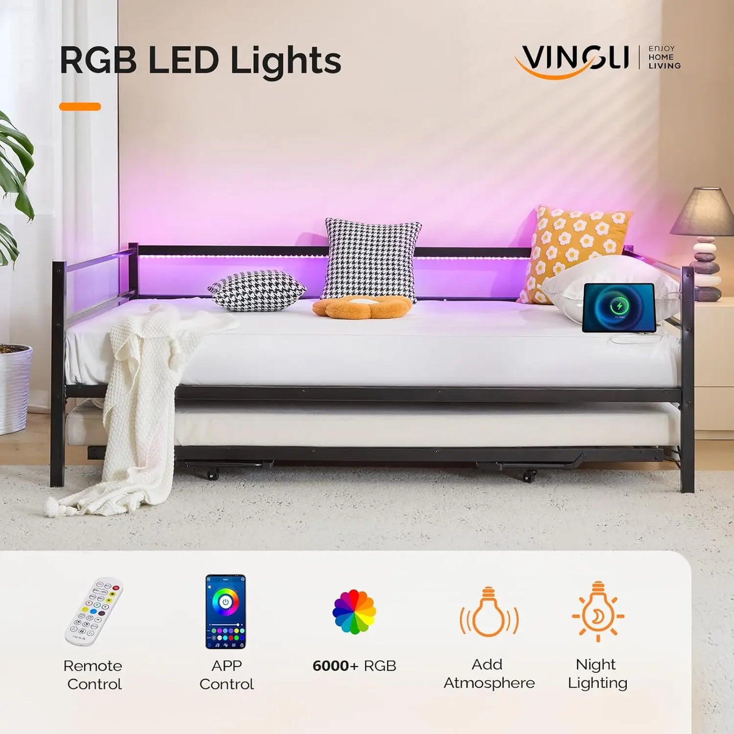 Metal Twin Daybed with Pop Up Trundle Bed, Day Bed Frame with Charging Station and LED Lights for Living Room Guest, Customized