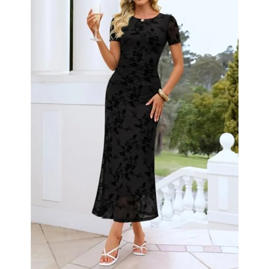 ZESICA Women's Summer Floral Bodycon Long Dress Ruched Mesh Beach Vacation Formal Cocktail Party Wedding Guest Maxi Dresses