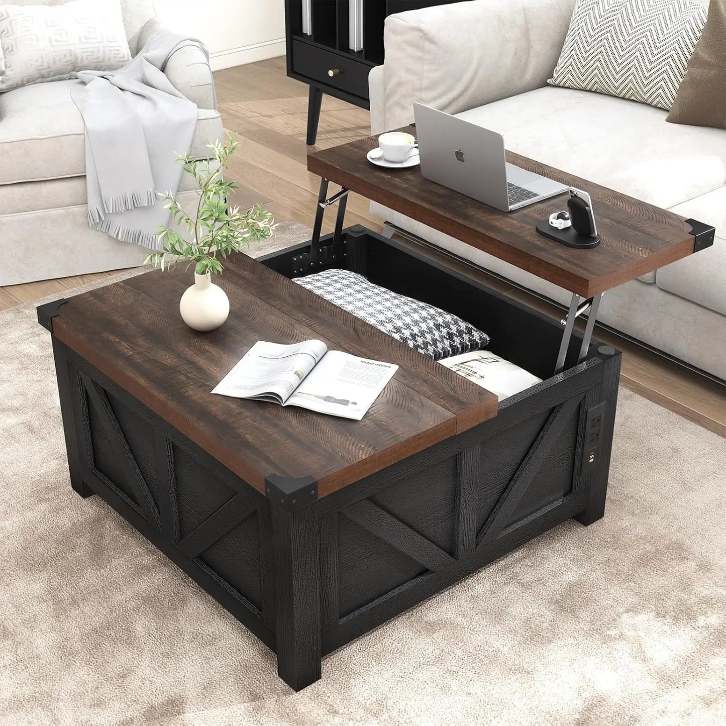 Farmhouse Lift Top Coffee Table with Storage, Wood Square Center Table with Charging Station&USB Port, Living Room, Customized