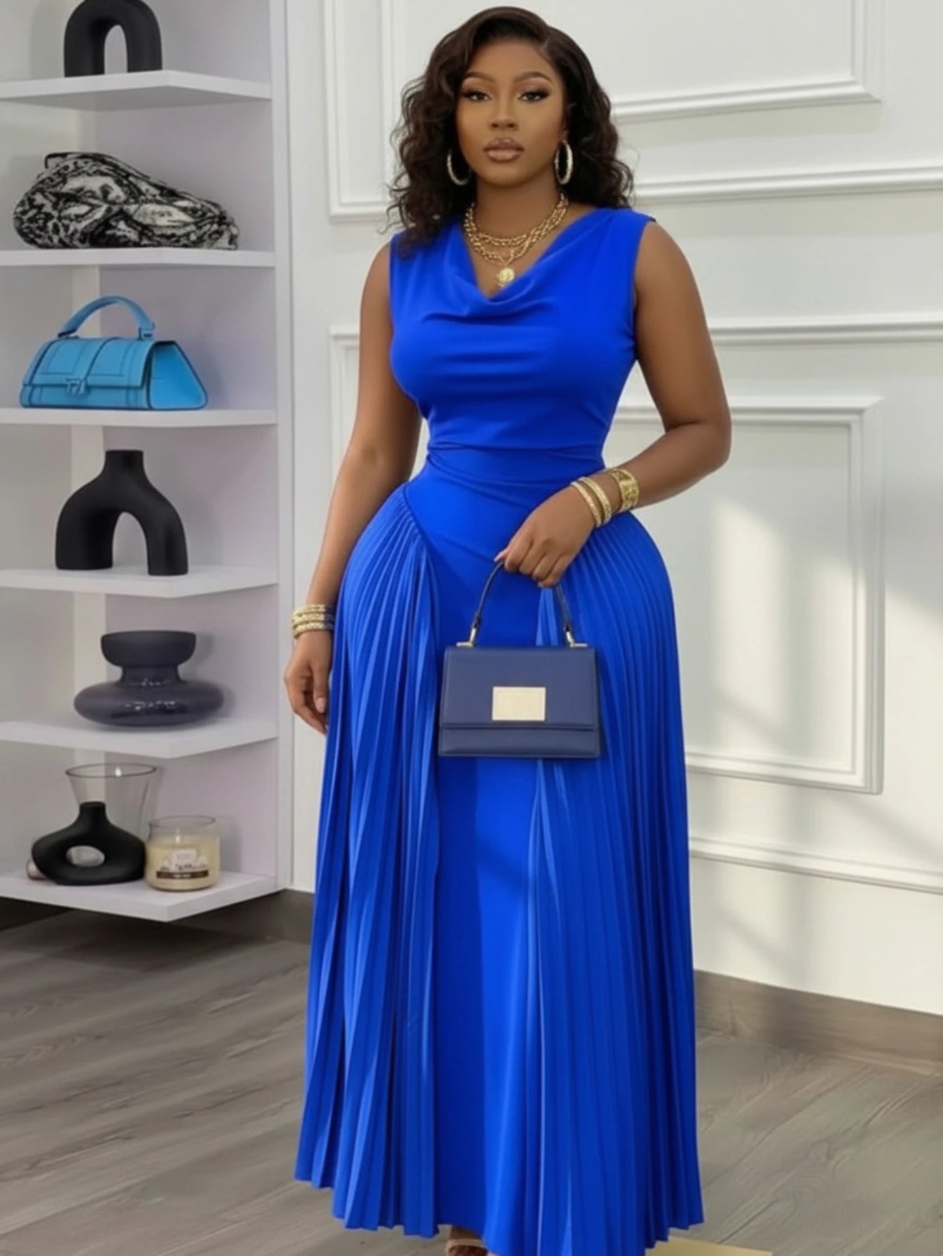 Women Sleeveless Cowl Neck Pleated Maxi Dress For Formal Evening Wedding Guest Prom And Banquet Occasion