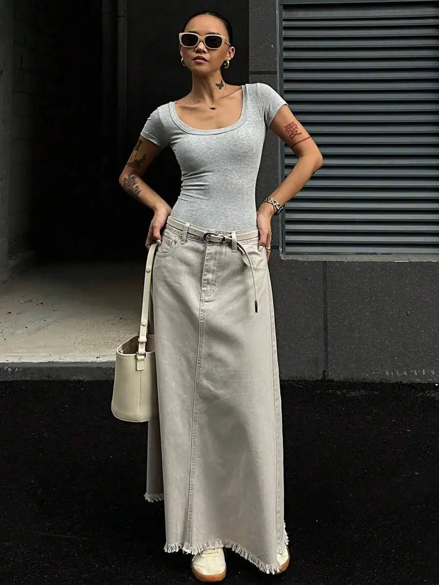 Women's Loose A-Line Denim Skirt with Frayed Hem and Belt, Autumn Casual Wear
