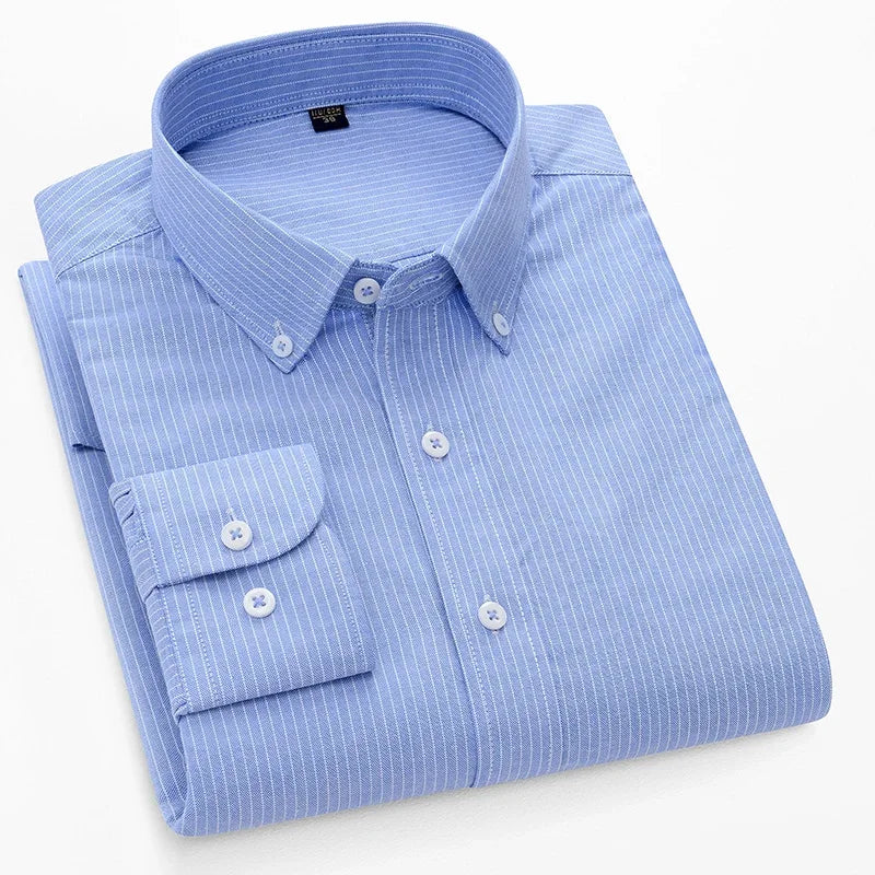 BROWON Men Long Sleeve Cotton Oxford Striped Dress Shirt