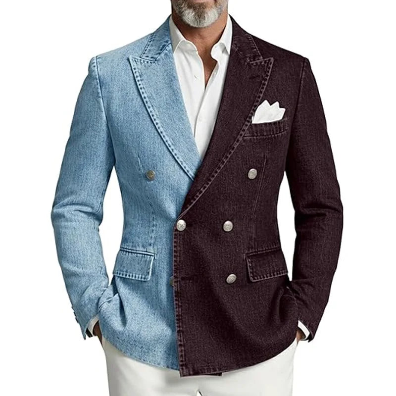 Denim Men's Suit Jacket Double Breasted Peak Lapel Slim Fit Casual Blazer Outing Date Night Trendy Party Fashion Costume Homme