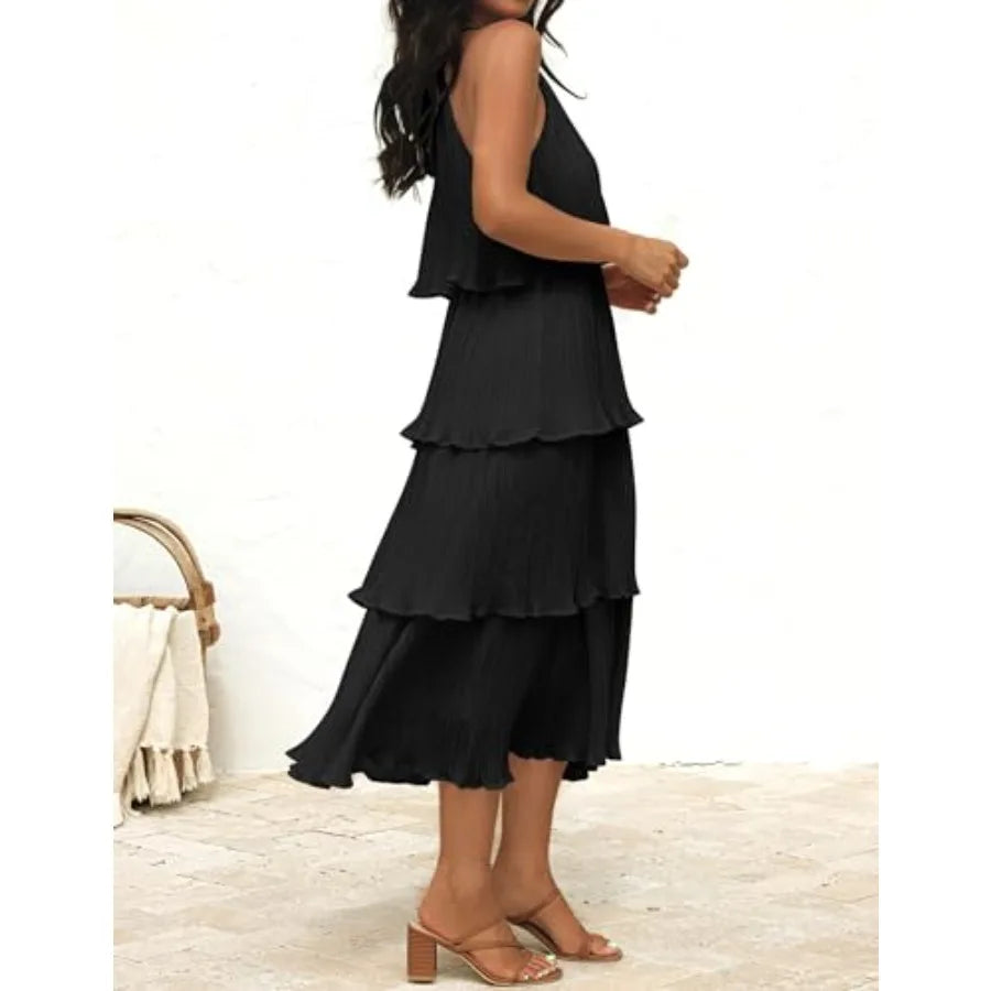 ZESICA Women's 2026 Summer Sleeveless Halter Neck Ruffle Tie Layed Chiffon Flowy Swing Long Midi Dress