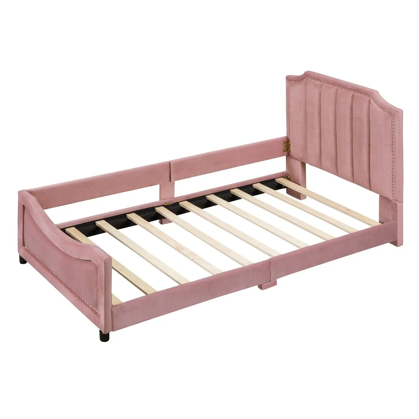 Twin Size Upholstered Bed with Belgrave Headboard, Low Platform Bed Frame with Rails, Kids Velvet Daybed with Slats, Customized
