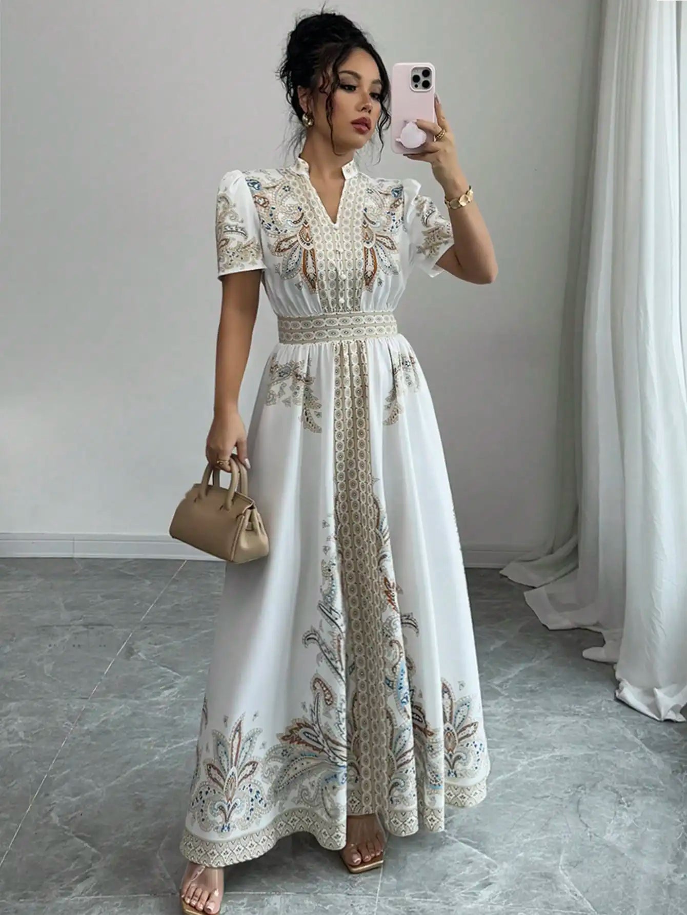 Elegant A-Line Maxi Dress With Puff Sleeve Notched Neck Embroidered Paisley Pattern